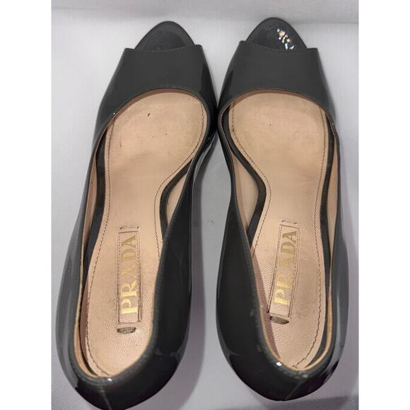 Prada Grey Patent Leather Peep Toe Stiletto Platform Pumps [EU 39 / US 9] - Picture 7 of 7